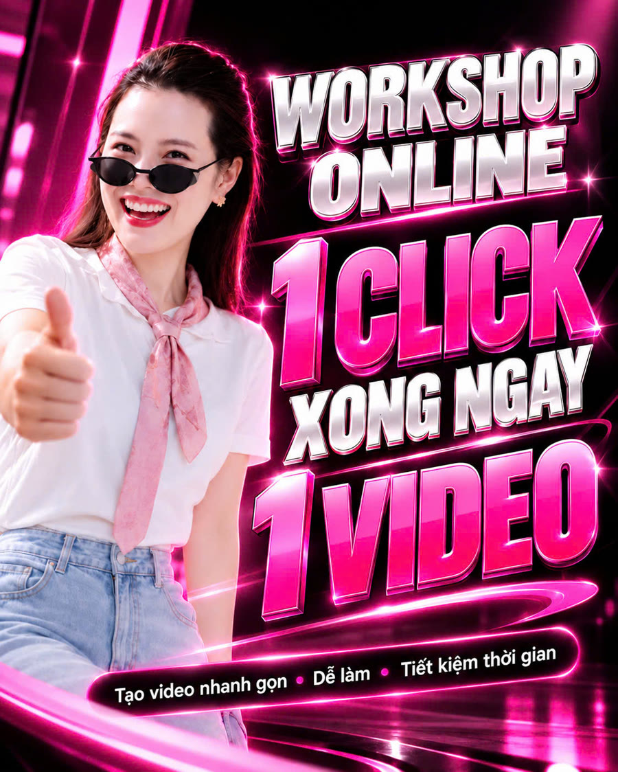 Poster workshop online 1 Click Xong Ngay 1 Video cùng Linh: tạo video nhanh gọn, dễ làm, tiết kiệm thời gian